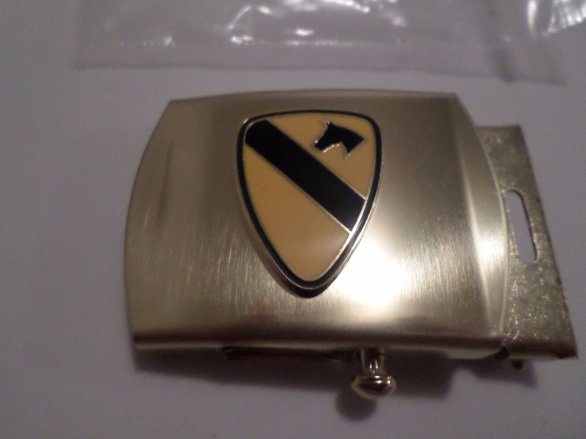 US MILITARY GRADE KHAKI HEAVY WEB BELT WITH 1st CAVALRY BRASS BUCKLE U.S.A MADE