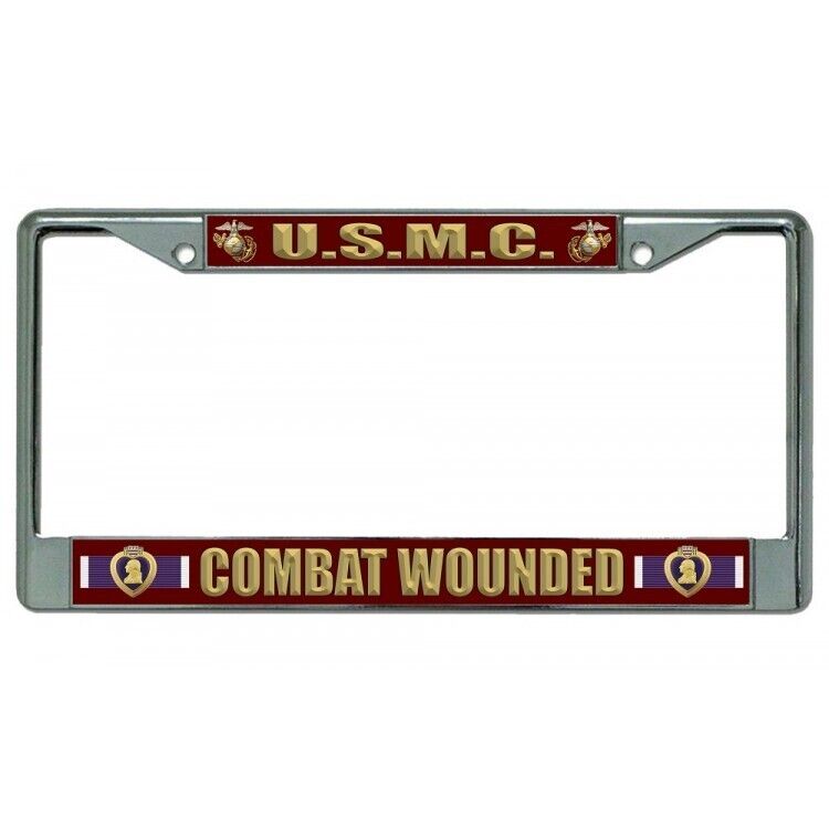 U.S MARINE CORPS COMBAT WOUNDED LICENSE PLATE FRAME PURPLE HEART CHROME METAL