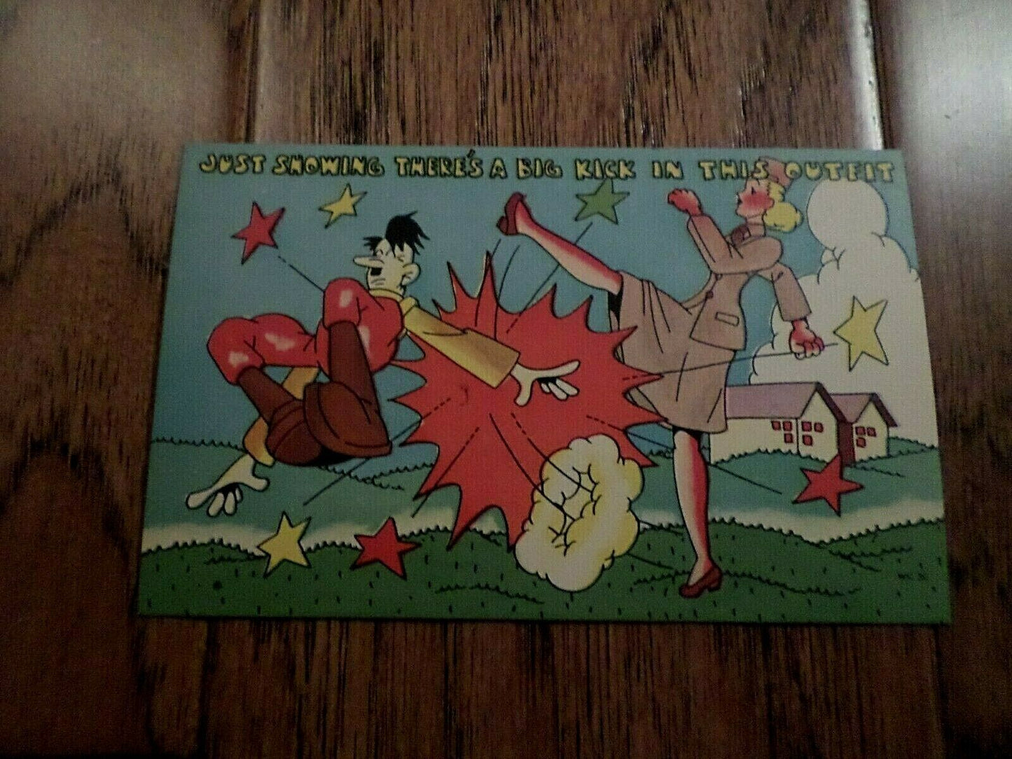 WWII U.S MILITARY COMIC POSTCARD FEMALE WAC BY BEALS KICKING HITLER ORIGINAL