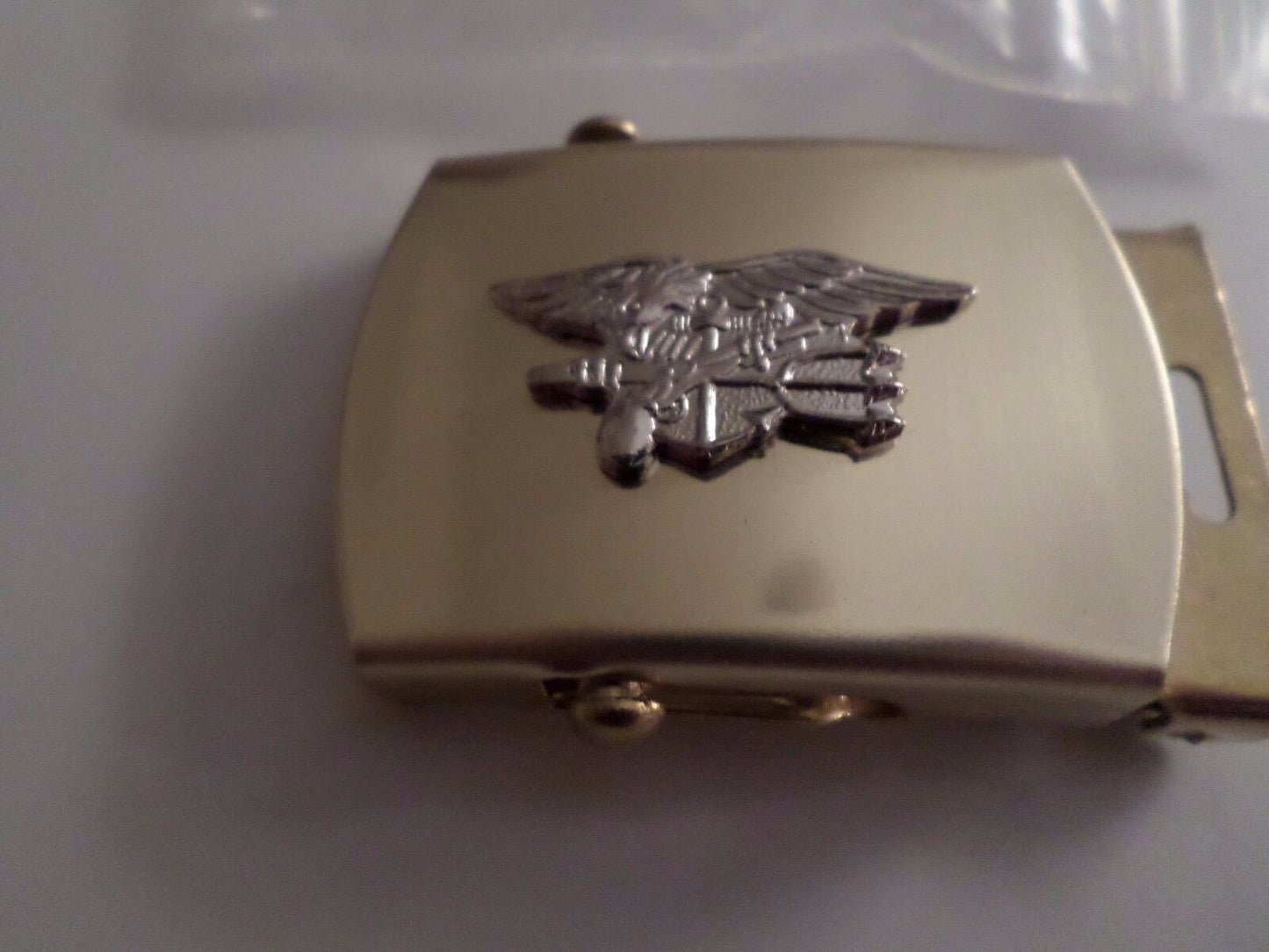 U.S MILITARY STYLE KHAKI WEB BELT WITH NAVY SEALS SILVER INSIGNIA BRASS BUCKLE