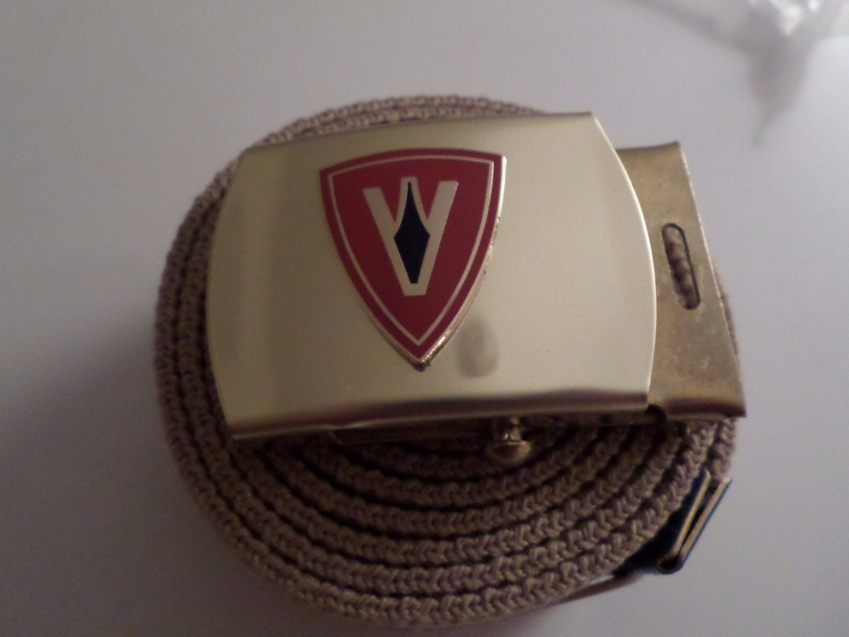 U.S MILITARY GRADE KHAKI WEB BELT WITH 5th MARINE CORPS BRASS BUCKLE U.S.A MADE