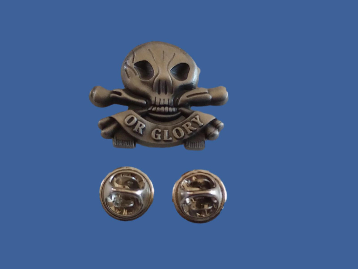 SKULL AND BONES HAT PIN LAPEL DEATH OR GLORY DOUBLE POST PIN NEW IN BAGS