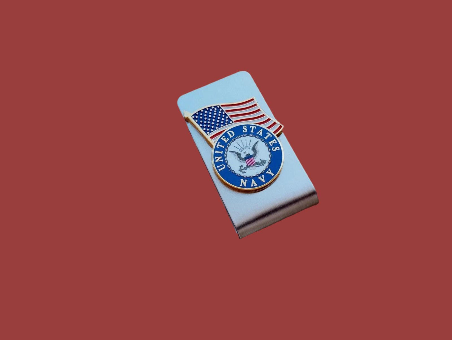 MILITARY NAVY INSIGNIA CREST U.S.A FLAG STAINLESS STEEL MONEY CLIP U.S.A MADE
