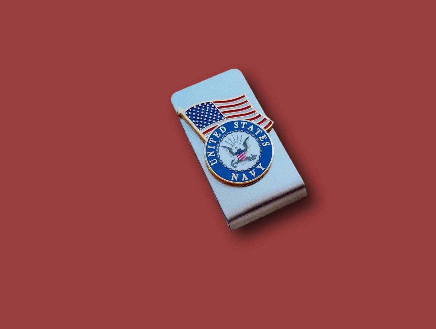 MILITARY NAVY INSIGNIA CREST U.S.A FLAG STAINLESS STEEL MONEY CLIP U.S.A MADE