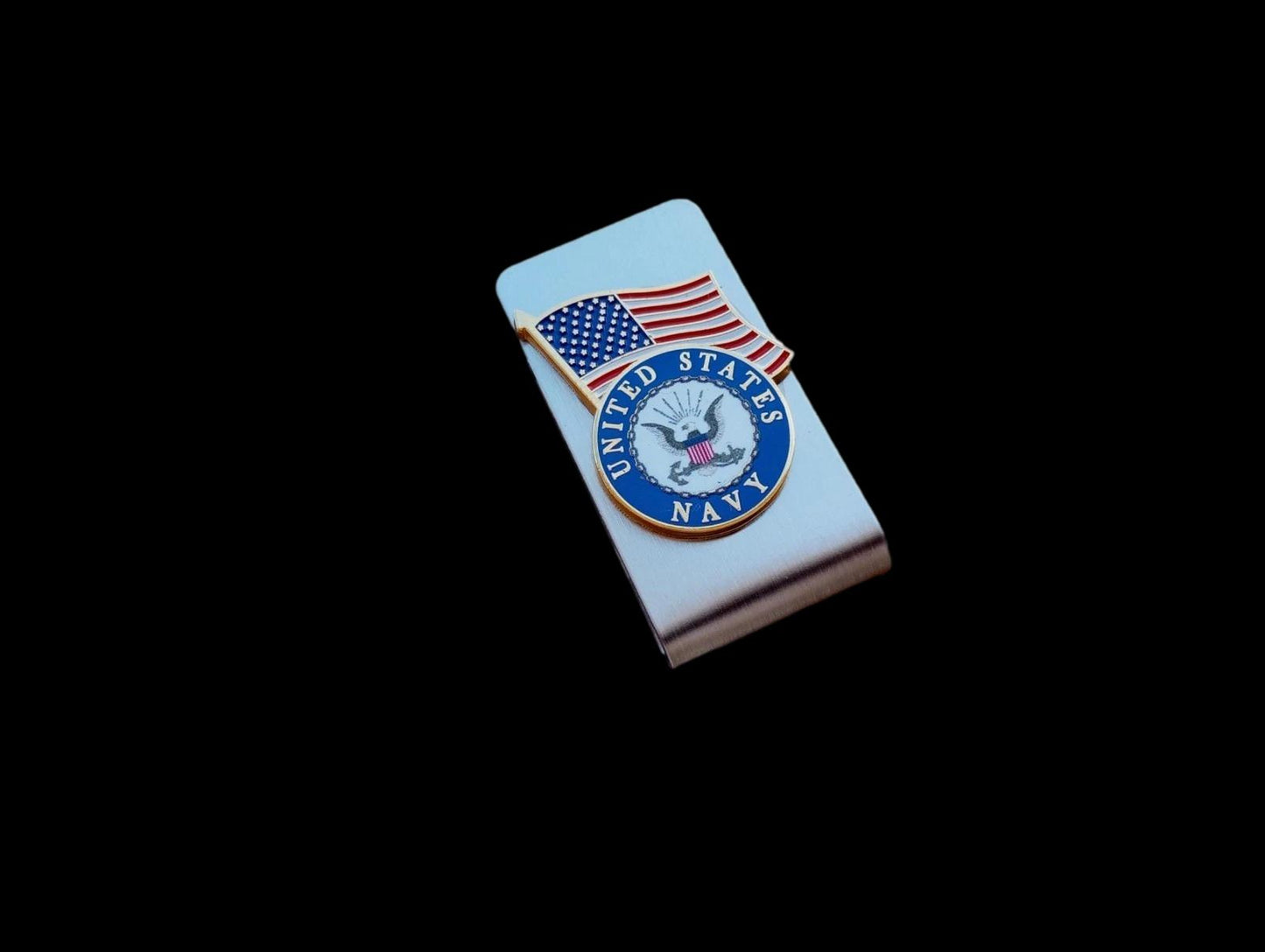 MILITARY NAVY INSIGNIA CREST U.S.A FLAG STAINLESS STEEL MONEY CLIP U.S.A MADE