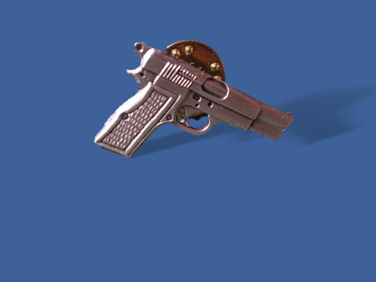 9 MM AUTOMATIC PISTOL HAT PIN ANTIQUE SILVER IN COLOR LAPEL PIN