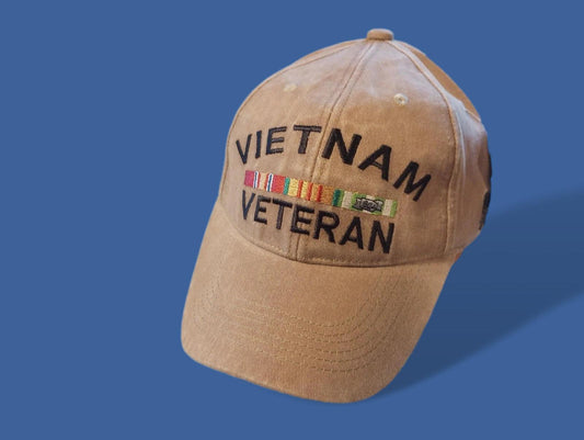 U.S MILITARY VIETNAM VETERAN HAT EMBROIDERED MILITARY BALL CAP KHAKI STONEWASHED