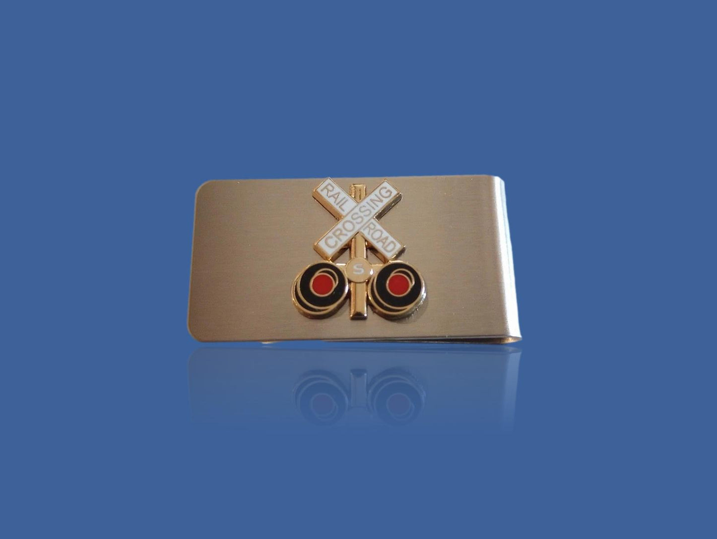 RAILROAD CROSSING STAINLESS STEEL MONEY CLIP U.S.A MADE RR SIGNAL LIGHTS