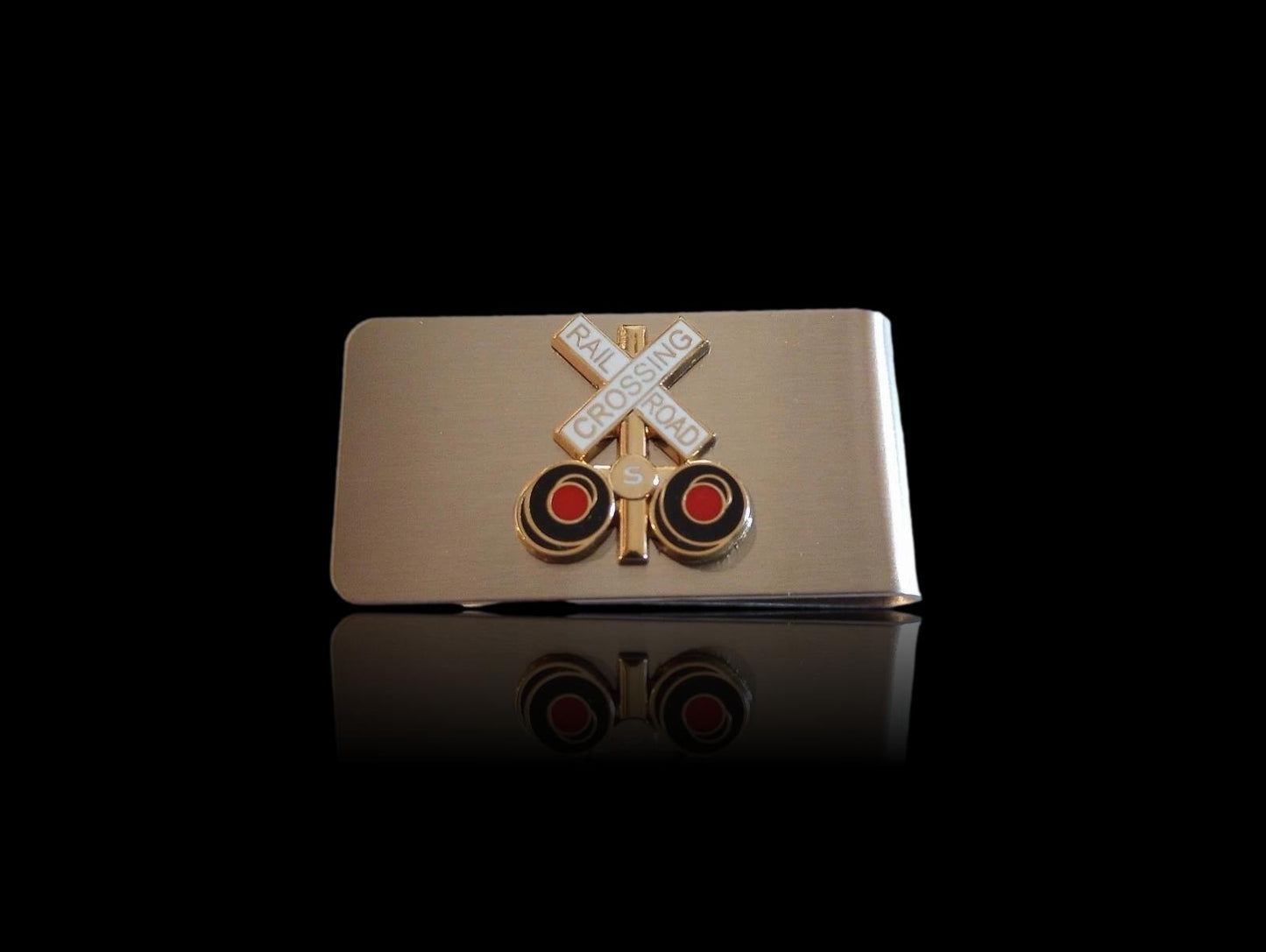 RAILROAD CROSSING STAINLESS STEEL MONEY CLIP U.S.A MADE RR SIGNAL LIGHTS