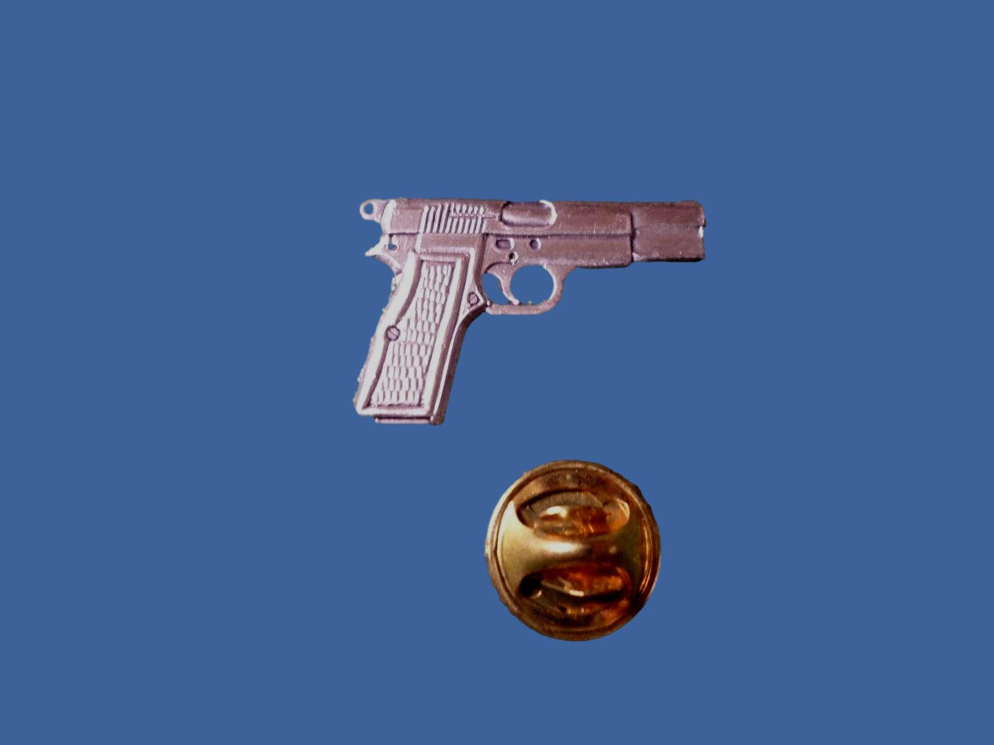9 MM AUTOMATIC PISTOL HAT PIN ANTIQUE SILVER IN COLOR LAPEL PIN