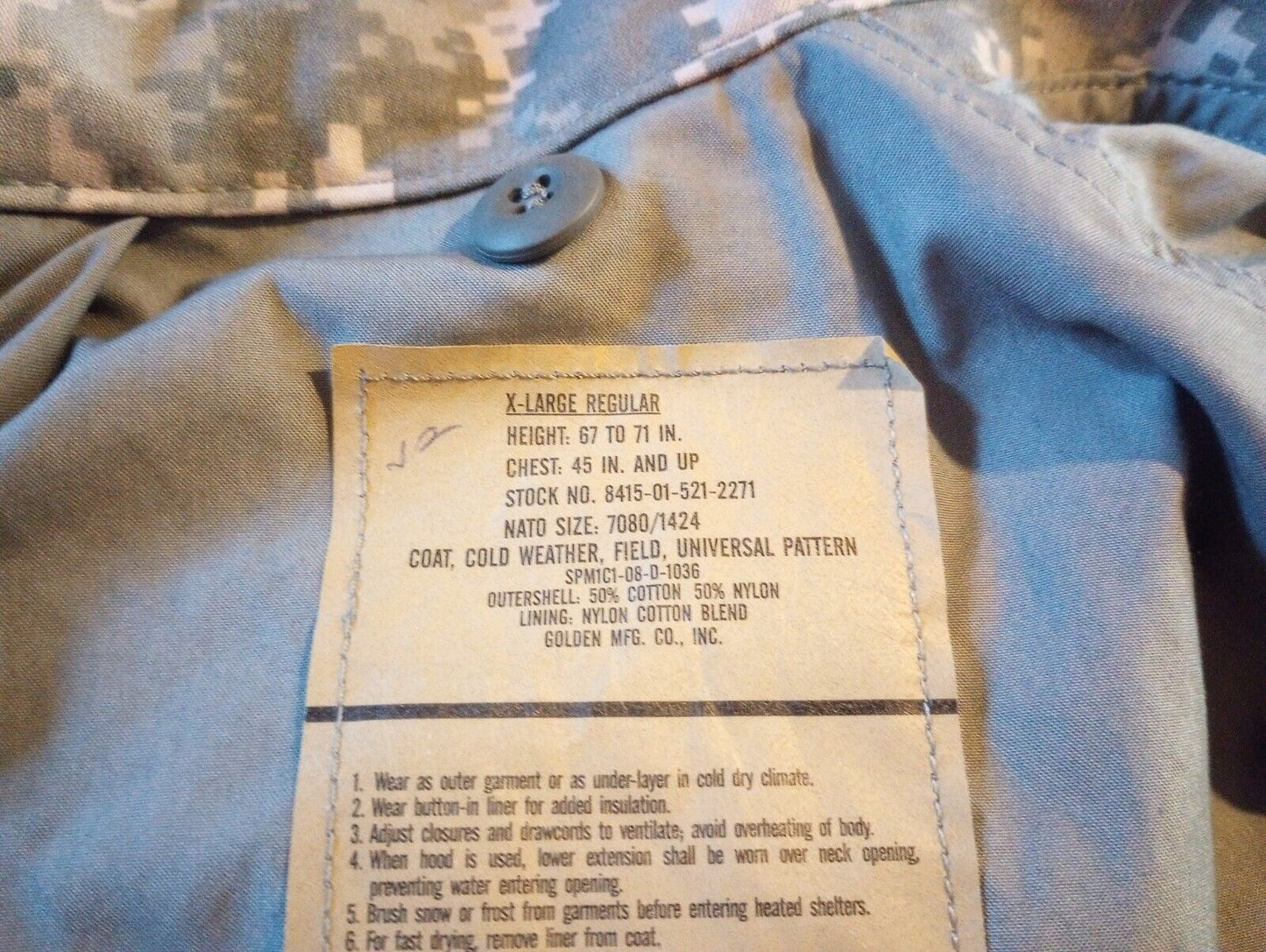 NEW U.S MILITARY ISSUE ACU M-65 FIELD JACKET WITH COLD WEATHER LINER  X-LARGE