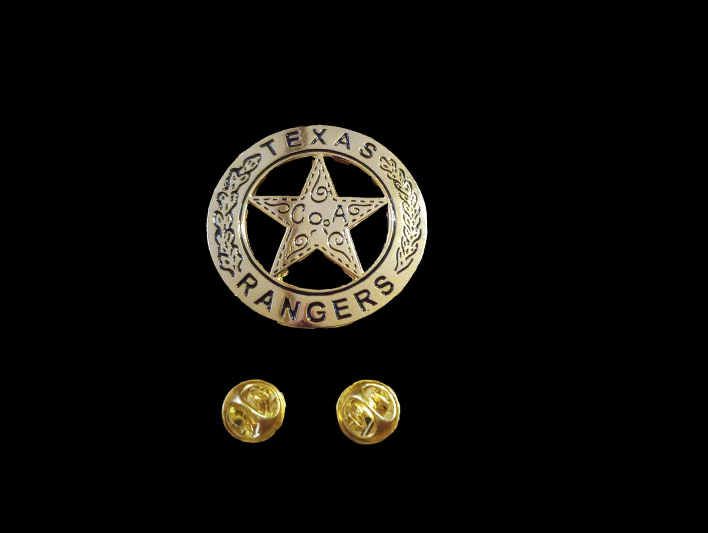 TEXAS RANGERS NOVELTY BADGE OLD WEST GOLD STAR PINBACK 1 5/8"