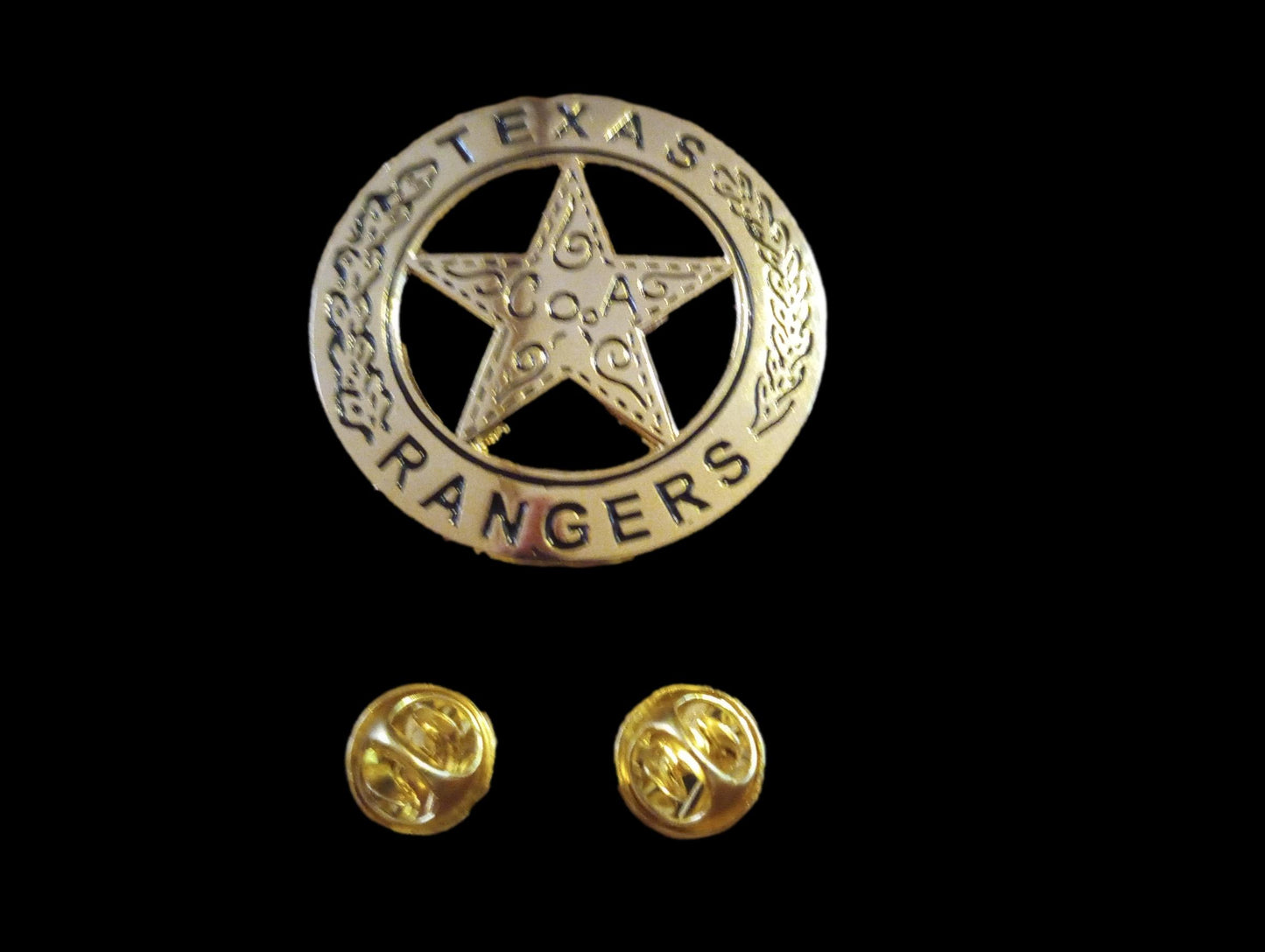 TEXAS RANGERS NOVELTY BADGE OLD WEST GOLD STAR PINBACK 1 5/8"