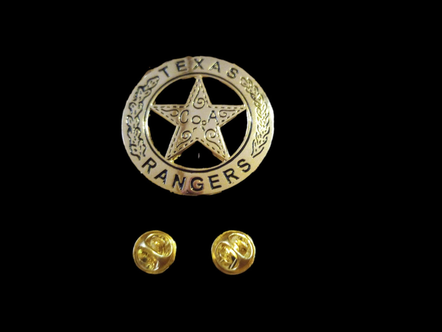 TEXAS RANGERS NOVELTY BADGE OLD WEST GOLD STAR PINBACK 1 5/8"