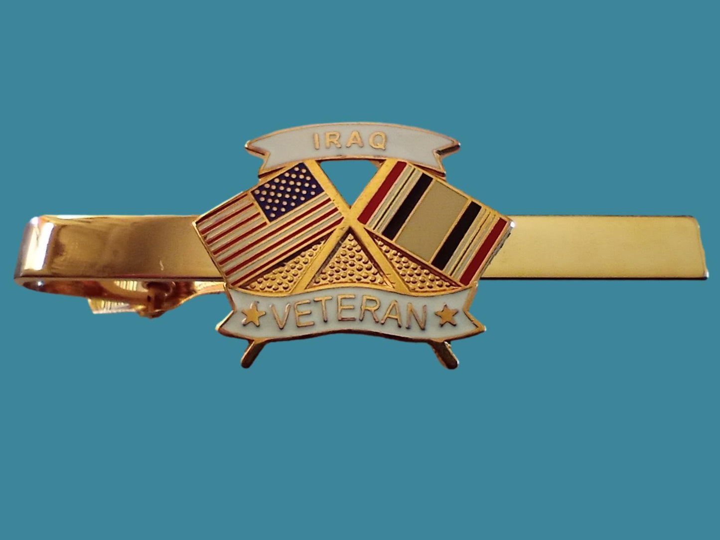 U.S MILITARY IRAQ VETERAN TIE BAR OR TIE TAC CLIP ON TYPE U.S.A MADE U.S FLAG