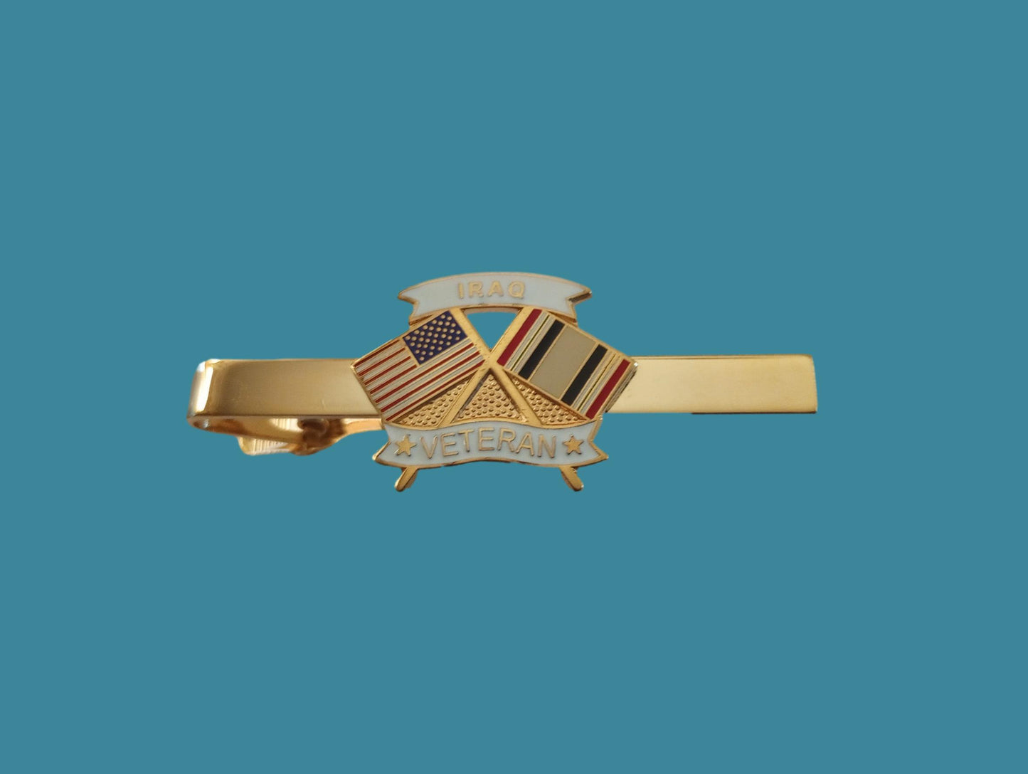 U.S MILITARY IRAQ VETERAN TIE BAR OR TIE TAC CLIP ON TYPE U.S.A MADE U.S FLAG