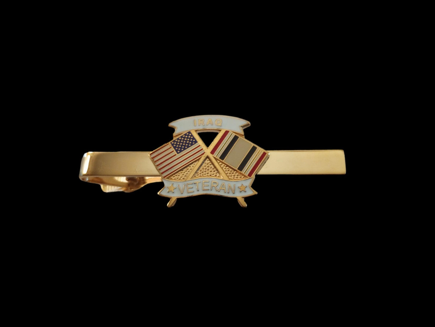 U.S MILITARY IRAQ VETERAN TIE BAR OR TIE TAC CLIP ON TYPE U.S.A MADE U.S FLAG