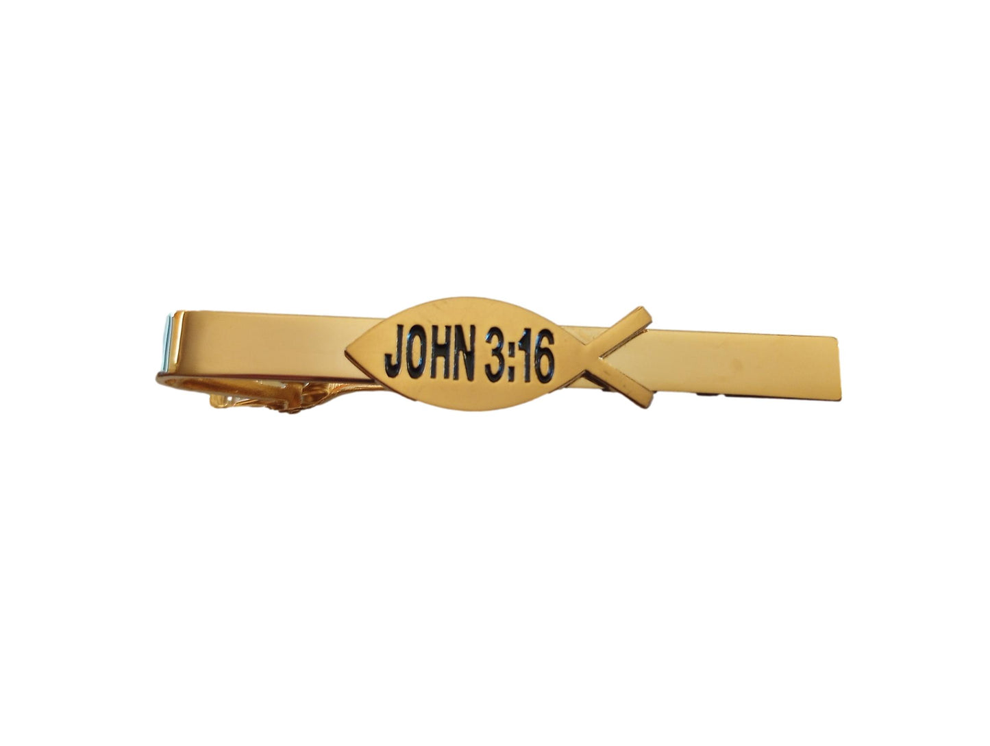 JOHN 3;16 VERSE WITH FISH TIE BAR TIE TAC  U.S.A MADE CLIP ON STYLE GOLD BAR