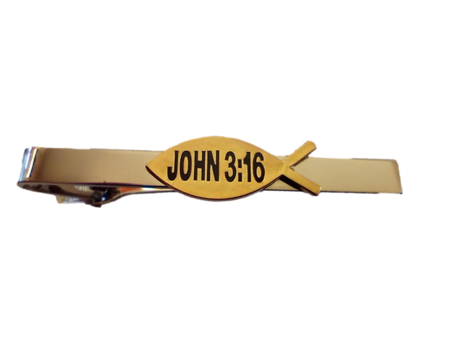 JOHN 3;16 VERSE WITH FISH TIE BAR TIE TAC  U.S.A MADE CLIP ON STYLE SILVER BAR