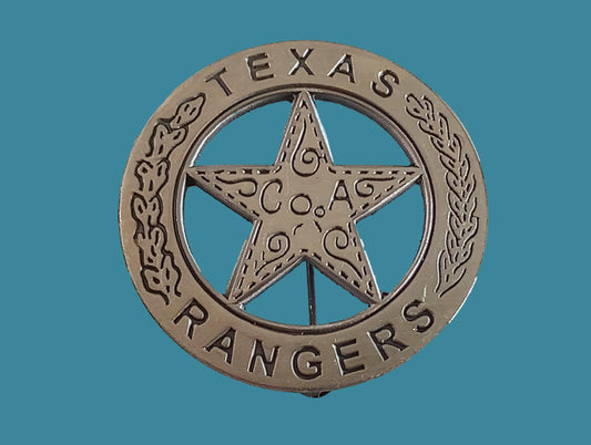 TEXAS RANGERS NOVELTY BADGE OLD WEST SILVER STAR PINBACK 1 5/8"