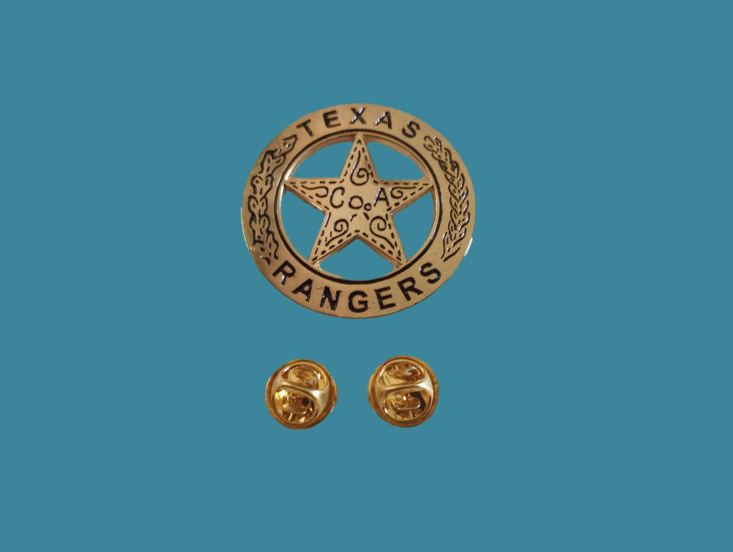 TEXAS RANGERS NOVELTY BADGE OLD WEST GOLD STAR PINBACK 1 5/8"