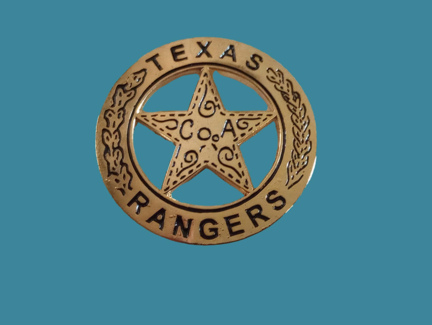 TEXAS RANGERS NOVELTY BADGE OLD WEST GOLD STAR PINBACK 1 5/8"