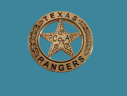 TEXAS RANGERS NOVELTY BADGE OLD WEST GOLD STAR PINBACK 1 5/8"