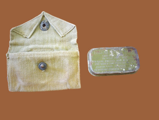 WWII U.S Army/USMC Khaki First Aid Pouch & Carlisle Tin Bandage M-1924