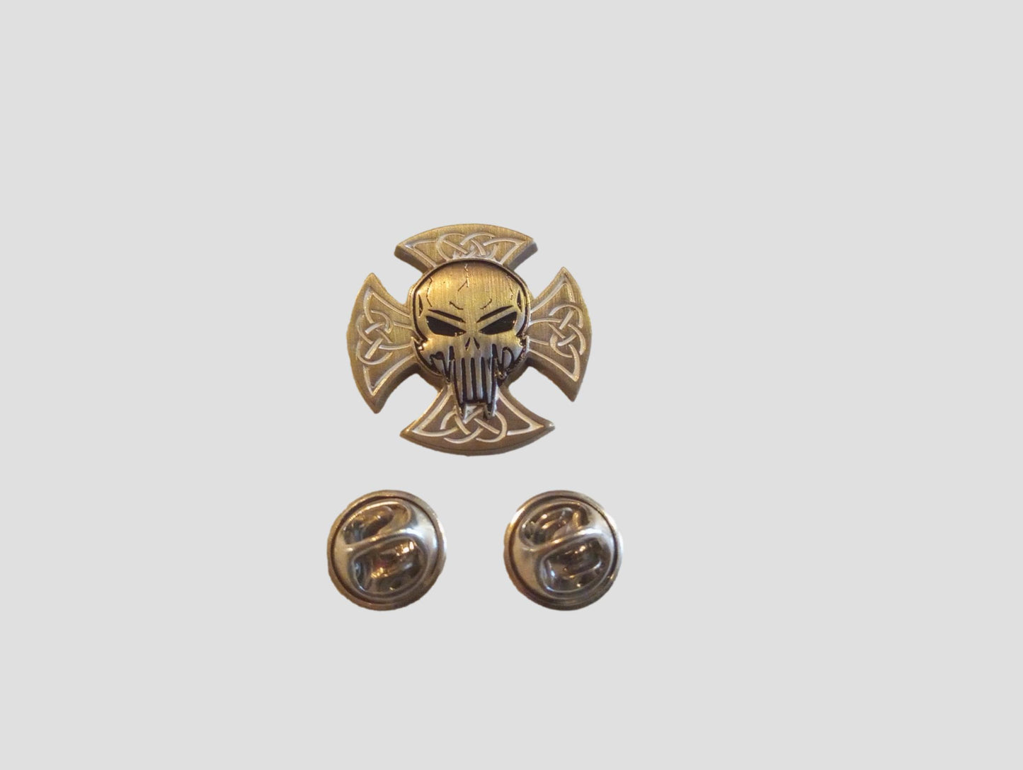 IRON CROSS HAT PIN LAPEL DOUBLE POST PIN PUNISHER SKULL & SHIELD