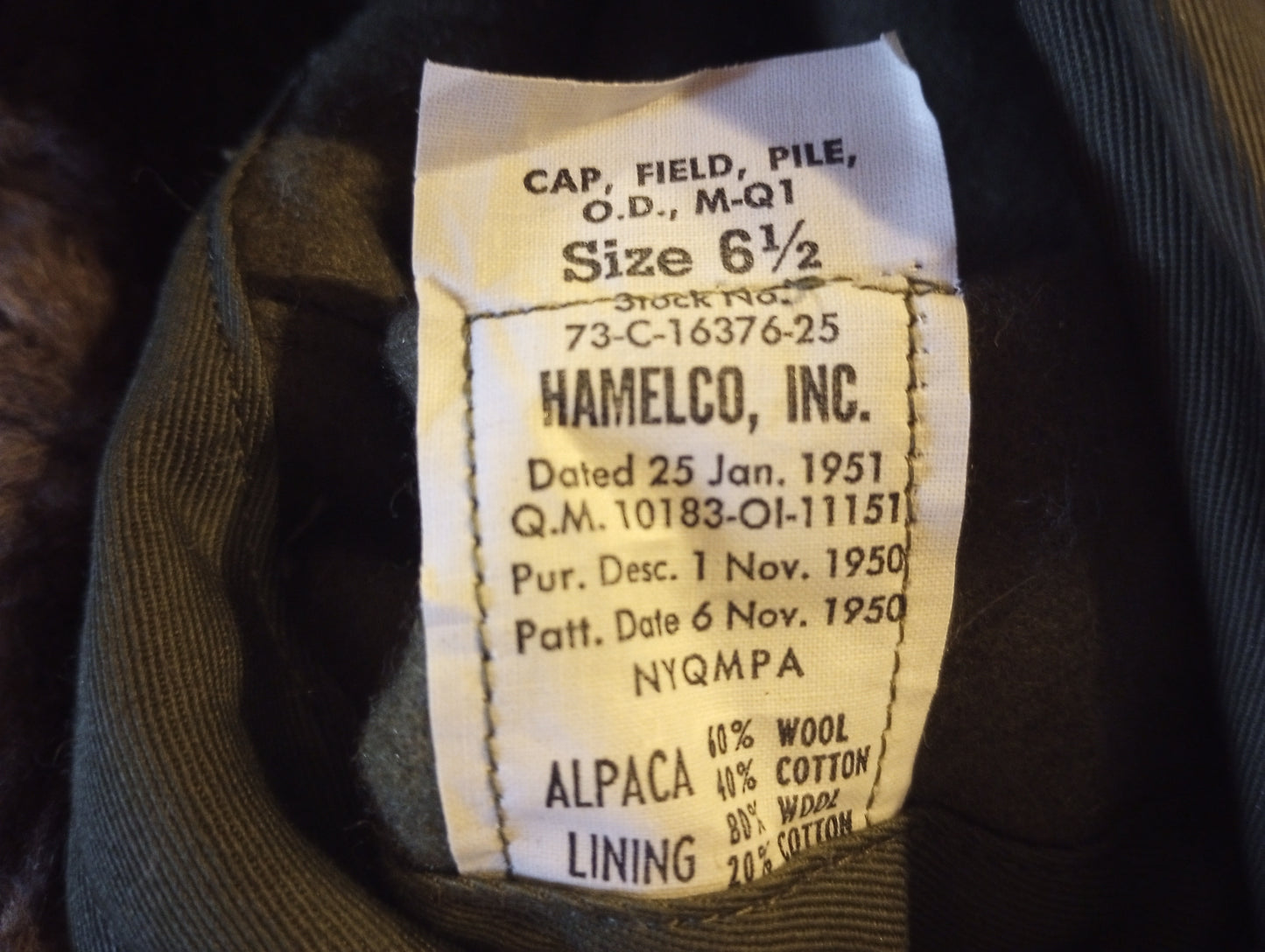 US Military M-1951 Korean War Era OD Pile Field Cap M-Q1 Alpaca Cold Weather