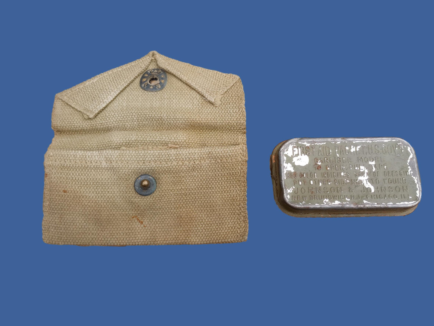 WWII U.S Army/USMC Khaki First Aid Pouch & Carlisle Tin Bandage M-1924