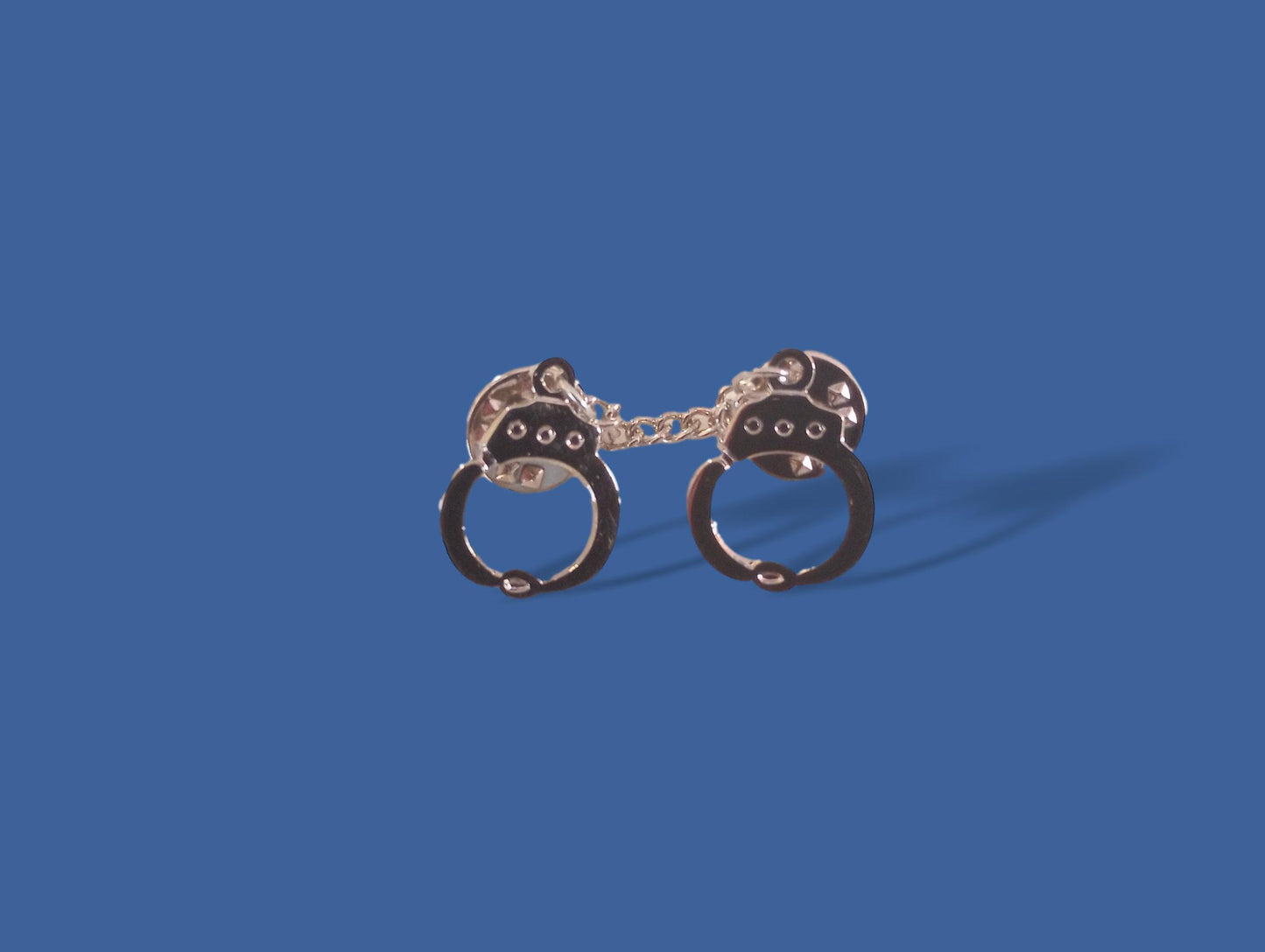 Handcuff with chain Lapel pin tie tac or hat pin double post design silver metal