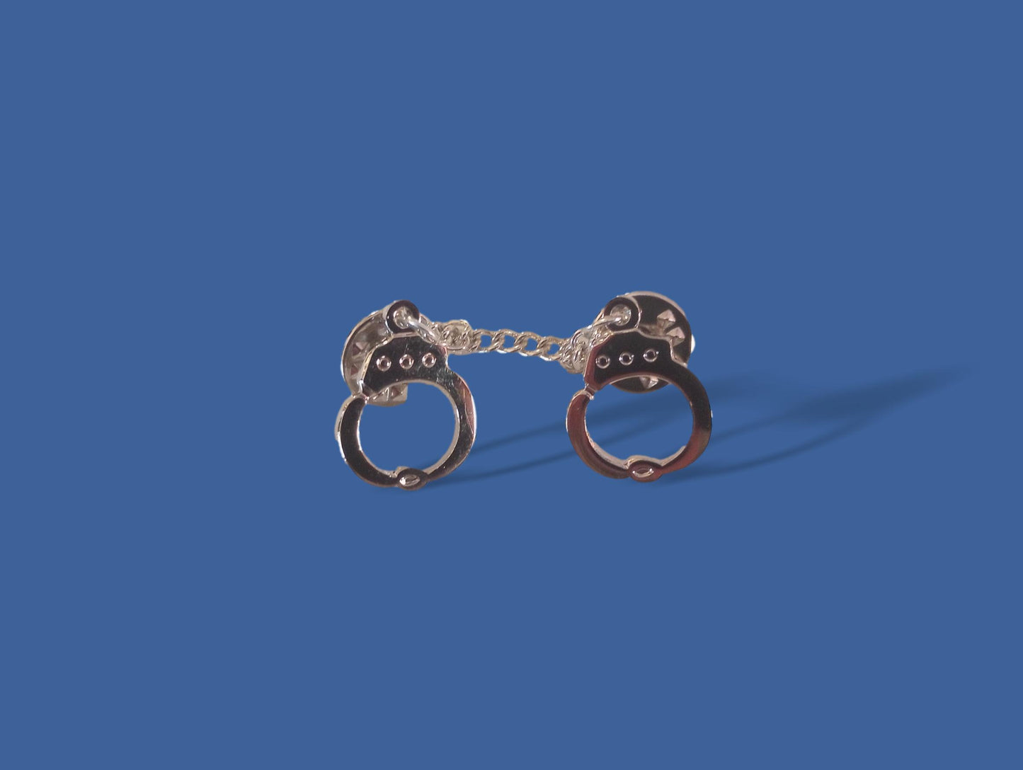 Handcuff with chain Lapel pin tie tac or hat pin double post design silver metal