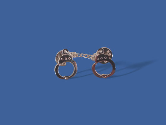 Handcuff with chain Lapel pin tie tac or hat pin double post design silver metal
