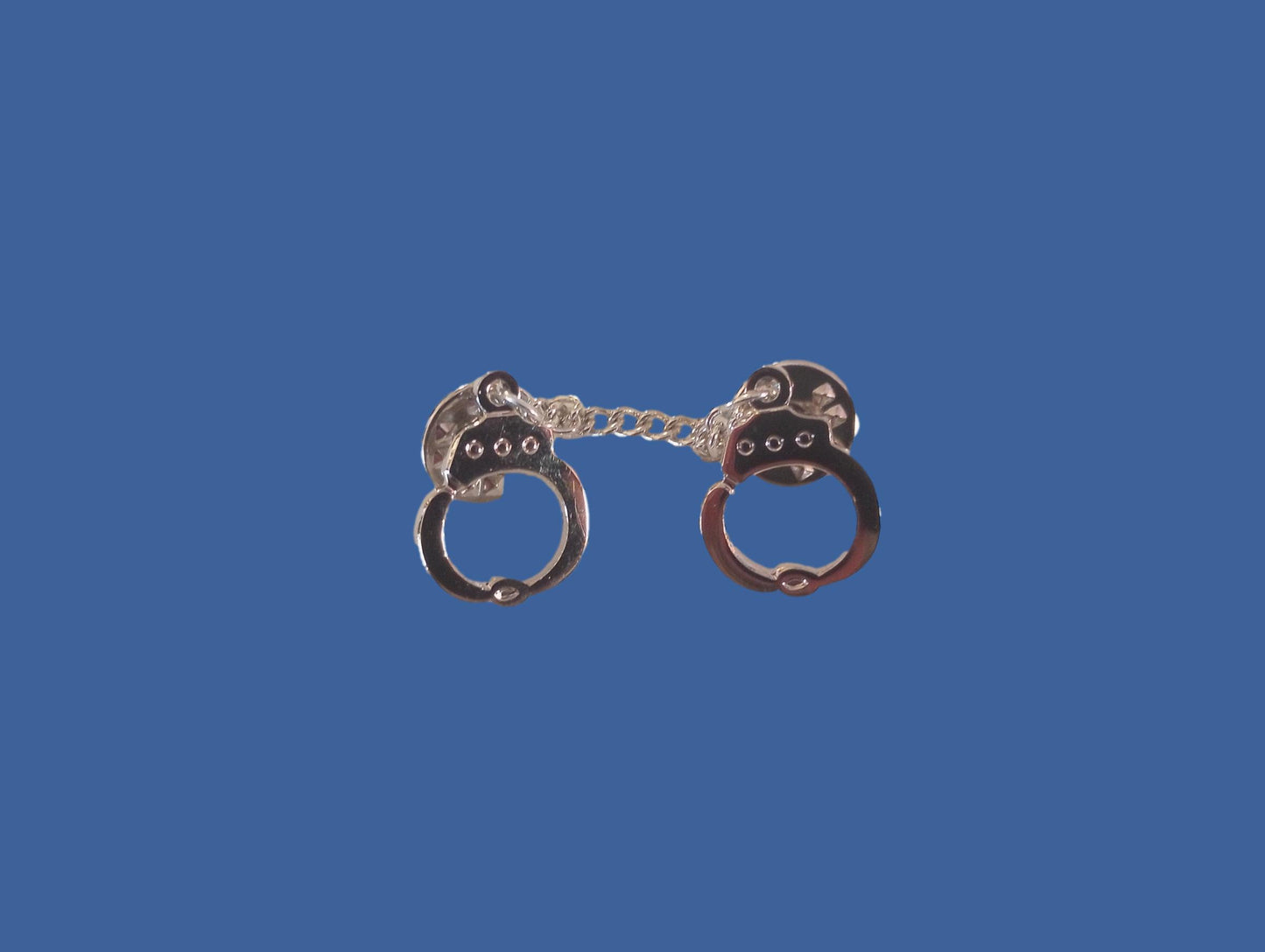 Handcuff with chain Lapel pin tie tac or hat pin double post design silver metal