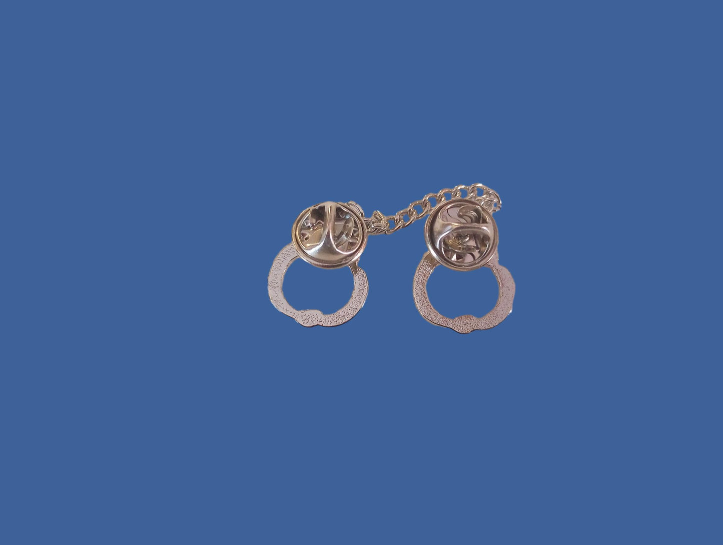 Handcuff with chain Lapel pin tie tac or hat pin double post design silver metal