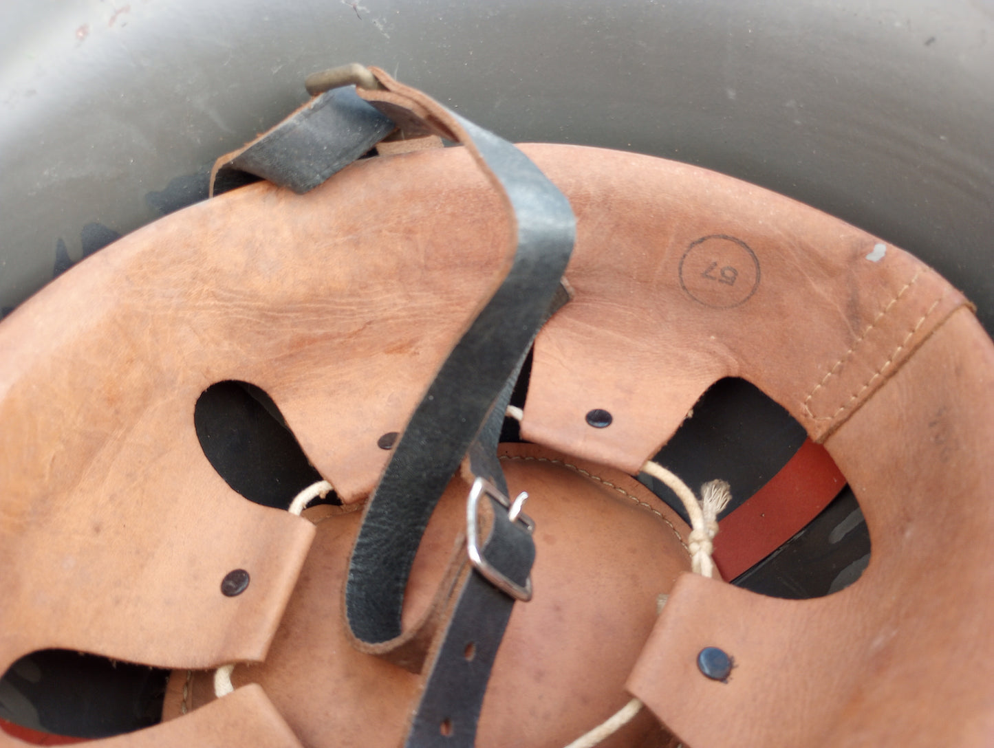 WWII ERA DANISH M/39 ROYAL GUARD HELMET WITH LINER AND LEATHER CHIN STRAP