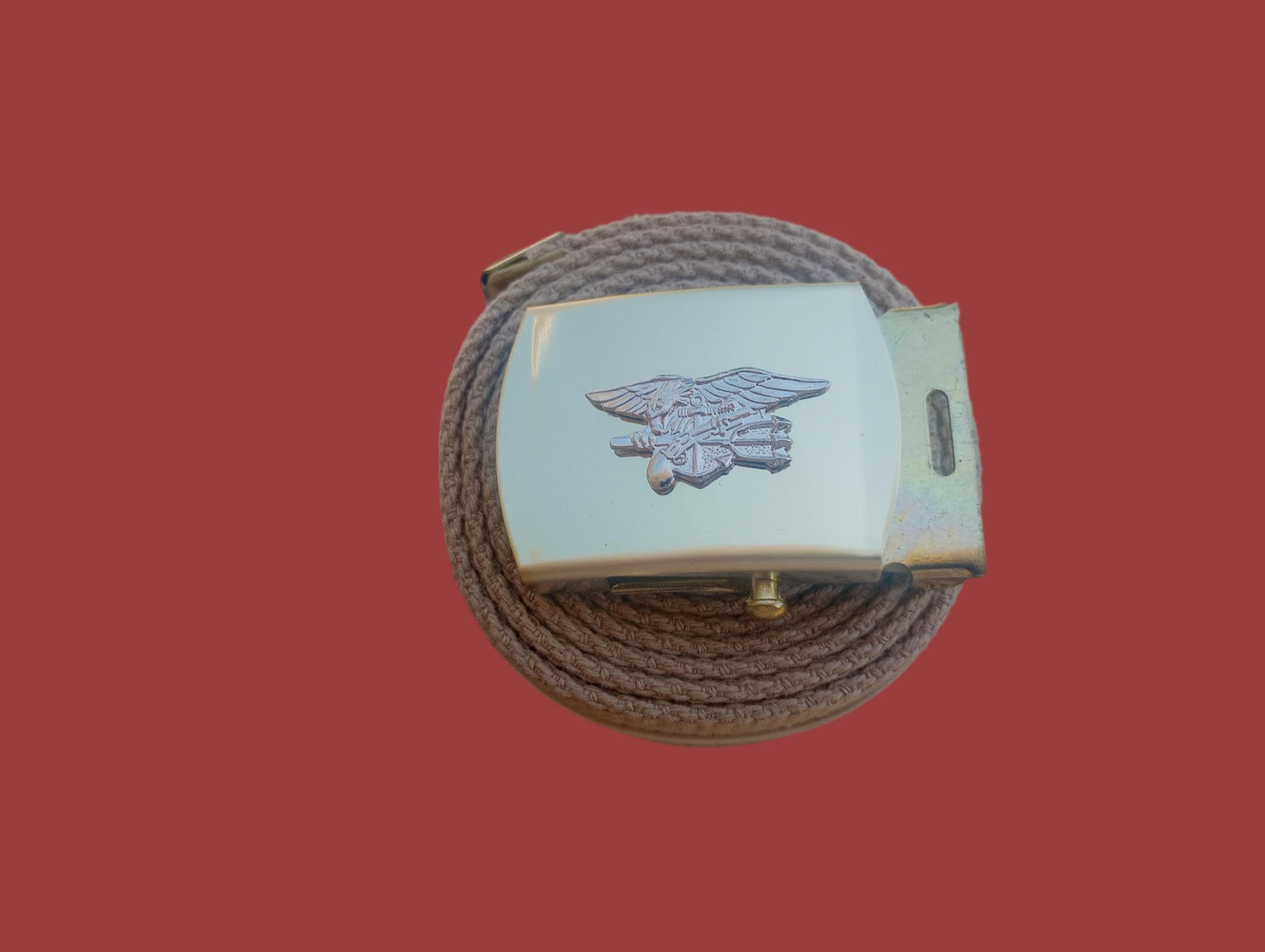 U.S MILITARY STYLE KHAKI WEB BELT WITH NAVY SEALS SILVER INSIGNIA BRASS BUCKLE