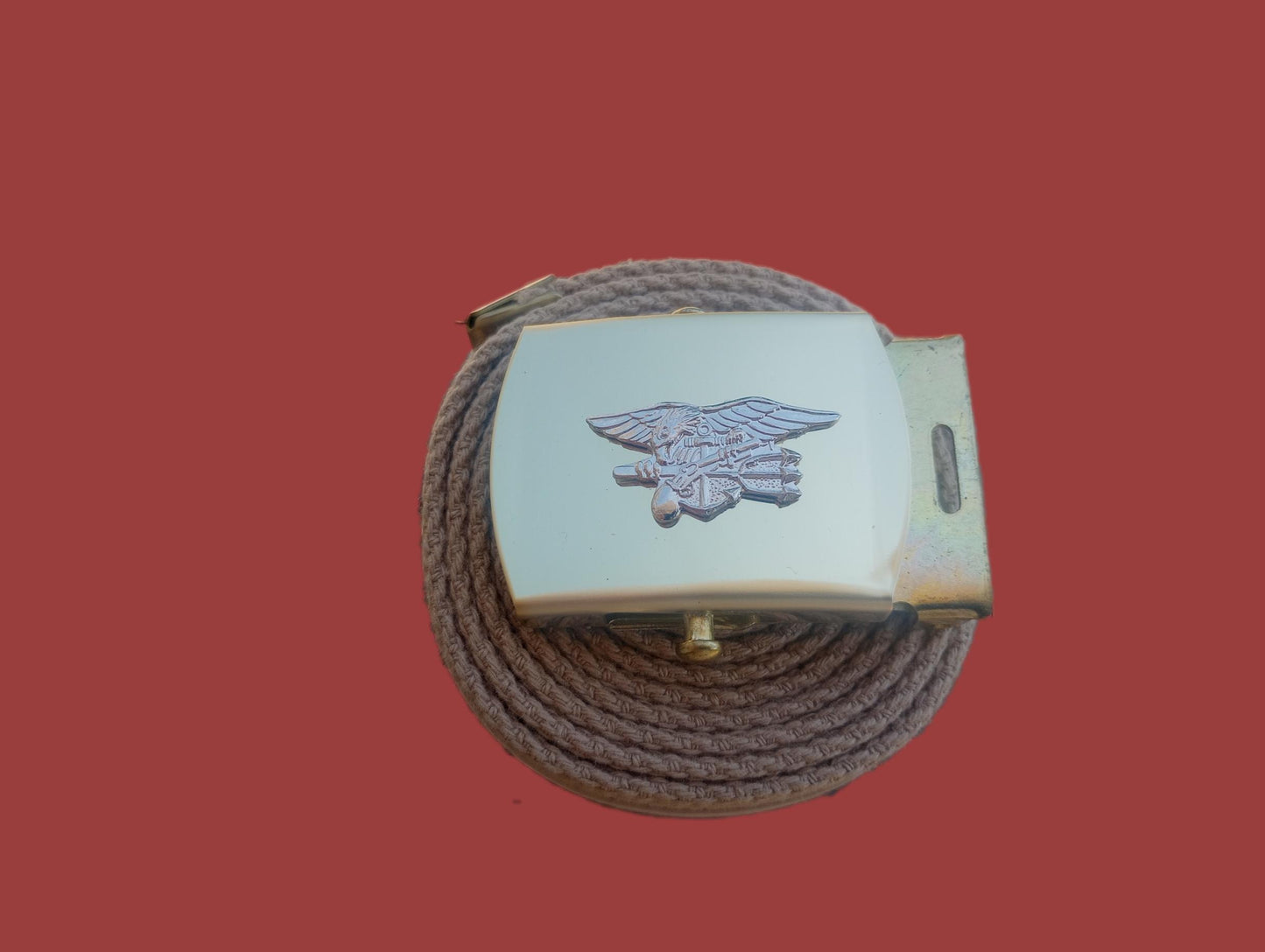 U.S MILITARY STYLE KHAKI WEB BELT WITH NAVY SEALS SILVER INSIGNIA BRASS BUCKLE