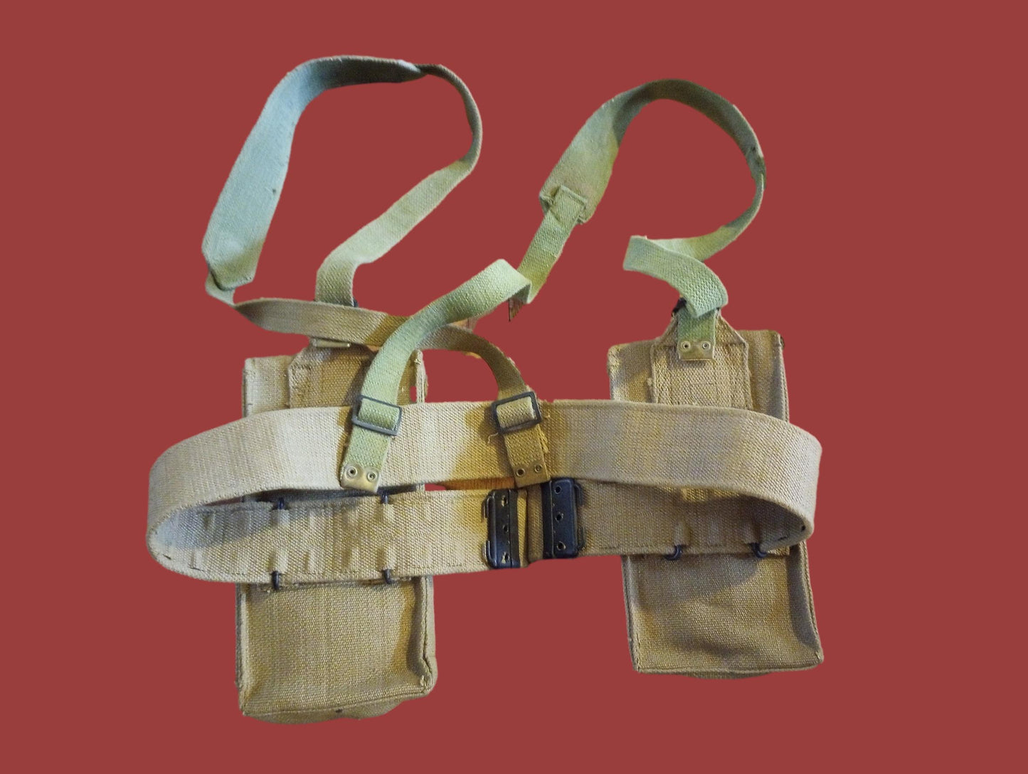 BRITISH WWII P-37 WEB GEAR BELT SUSPENDERS AMMUNITION POUCHES 1953 ORIGINAL