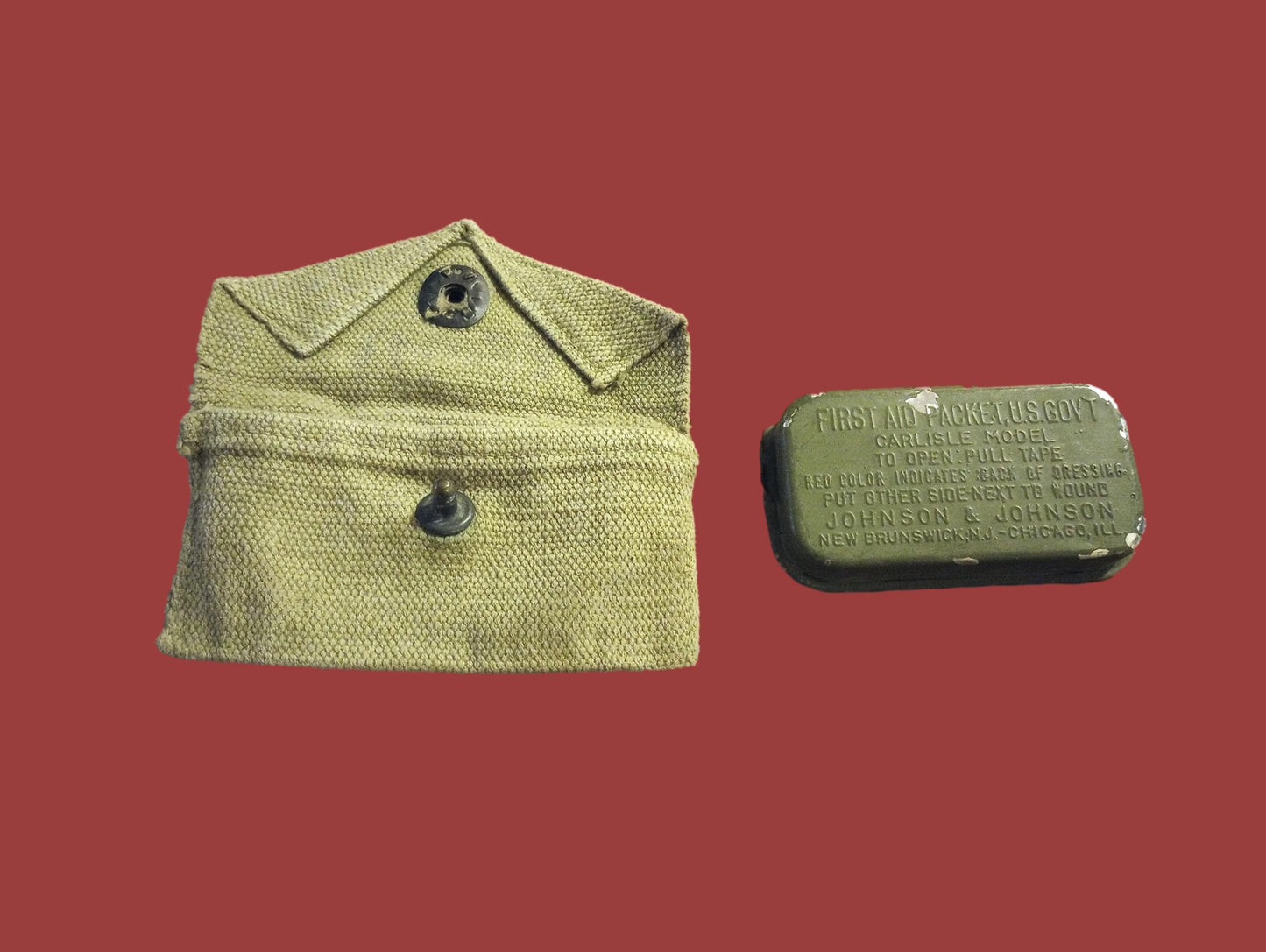 WWII U.S Army/USMC Khaki First Aid Pouch & Carlisle Tin Bandage M-1924