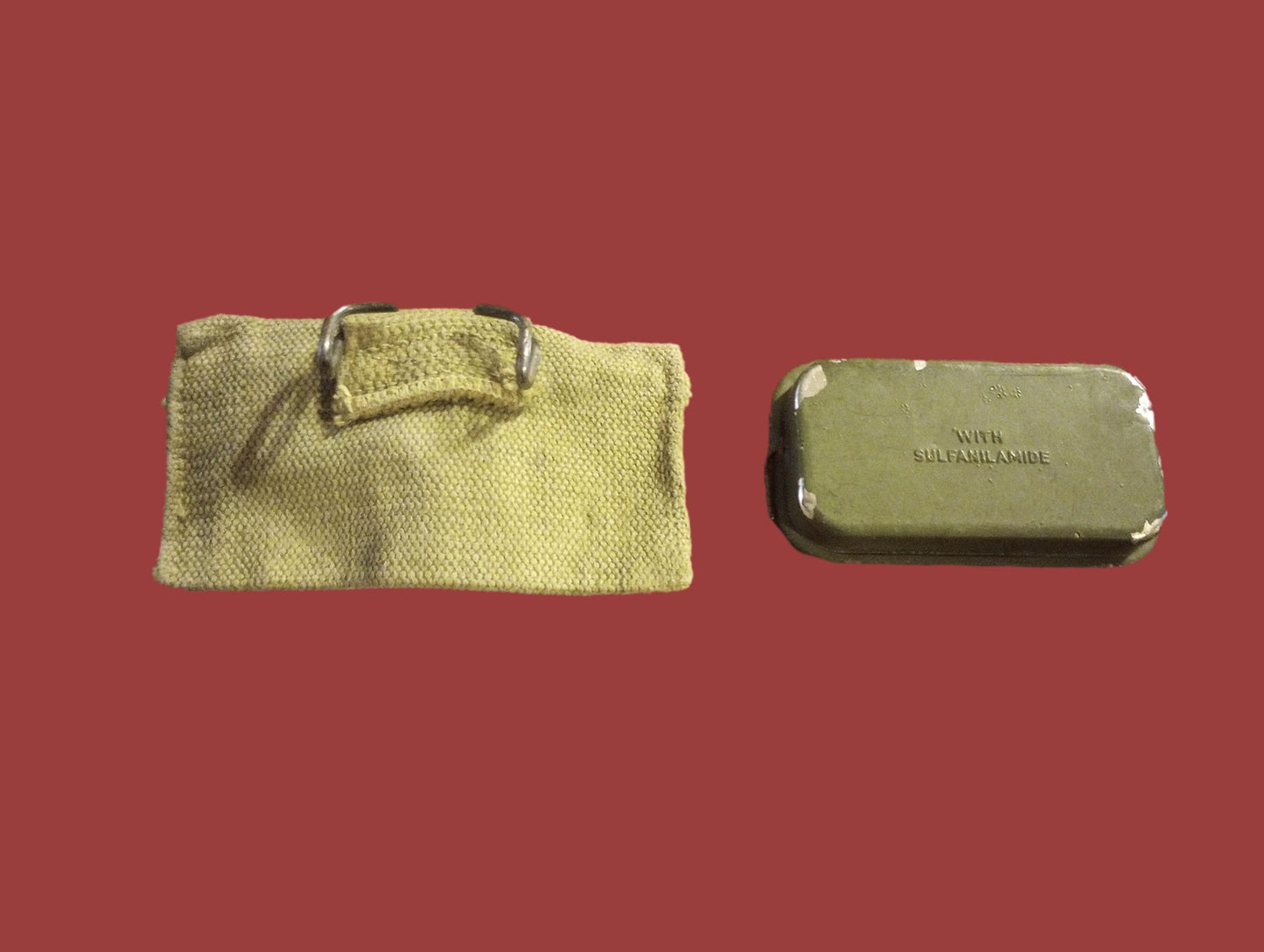 WWII U.S Army/USMC Khaki First Aid Pouch & Carlisle Tin Bandage M-1924
