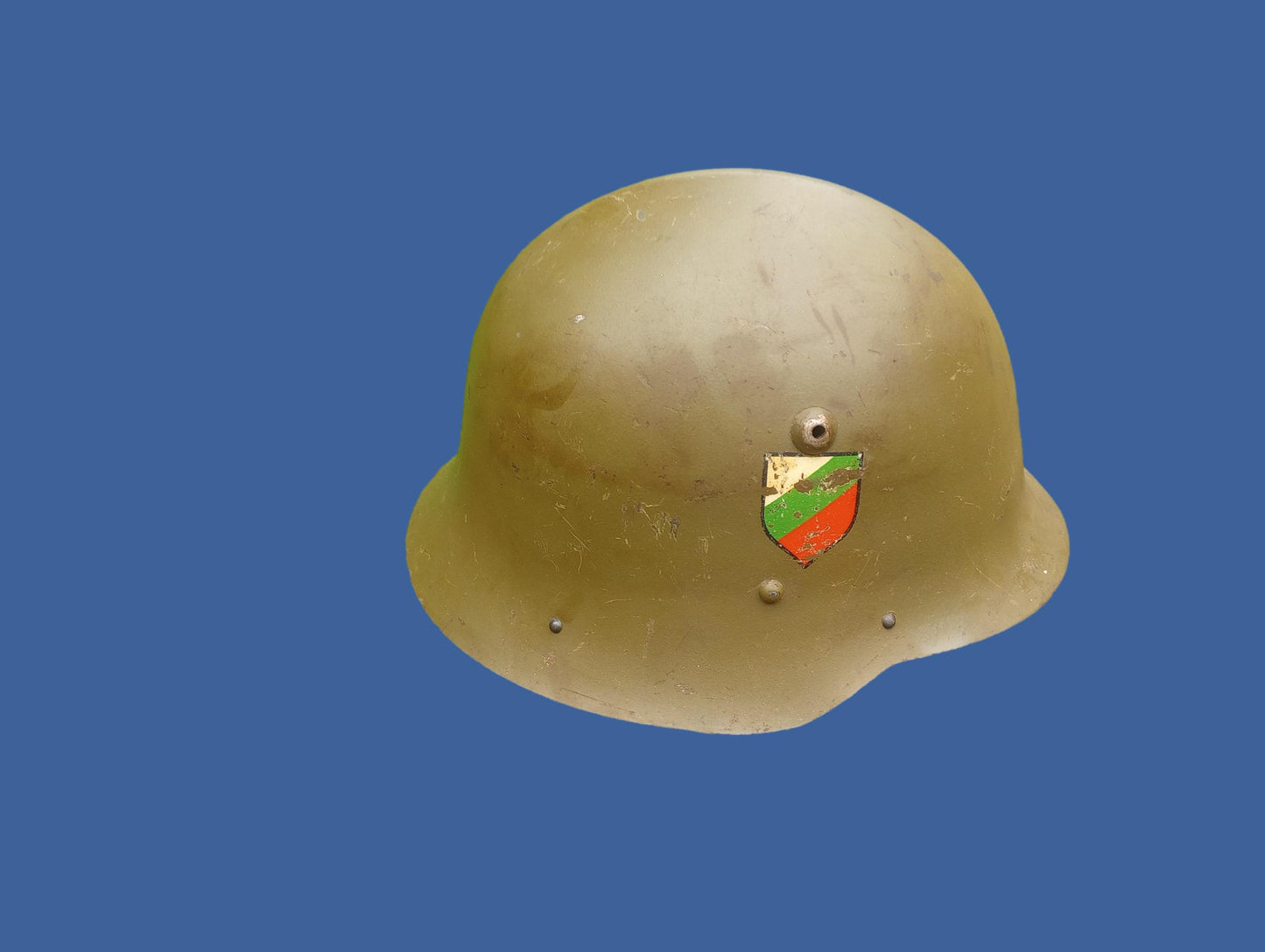 BULGARIAN M36C COMBAT HELMET LEATHER LINER & CHINSTRAP TRI COLOR DECAL ORIGINAL