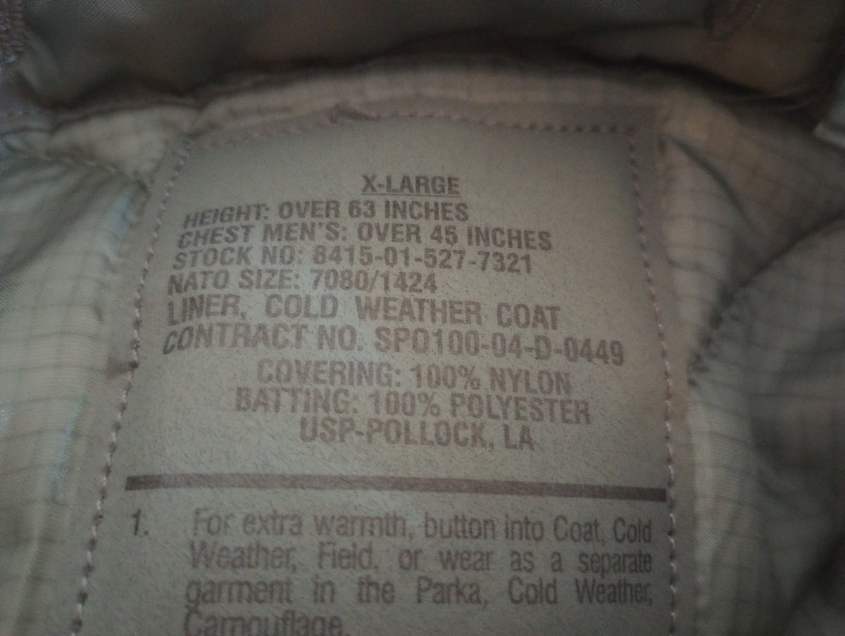 NEW MILITARY ISSUE M-65 FIELD JACKET LINER QUILTED COAT LINER X LARGE USA MADE