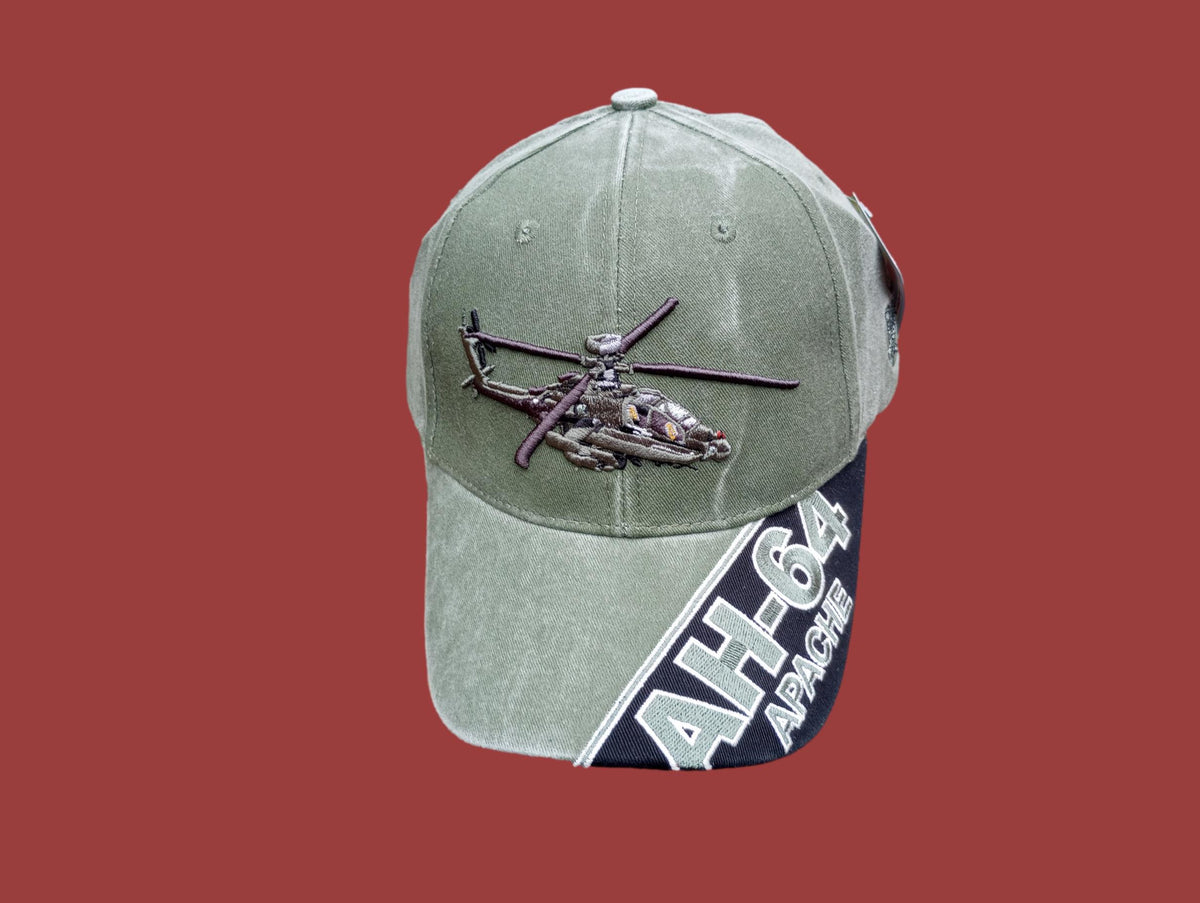 U.S ARMY AH-64 APACHE HAT EMBROIDERED MILITARY BALL CAP STONE WASHED OD GREEN