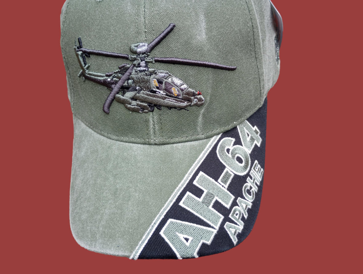 U.S ARMY AH-64 APACHE HAT EMBROIDERED MILITARY BALL CAP STONE WASHED OD GREEN