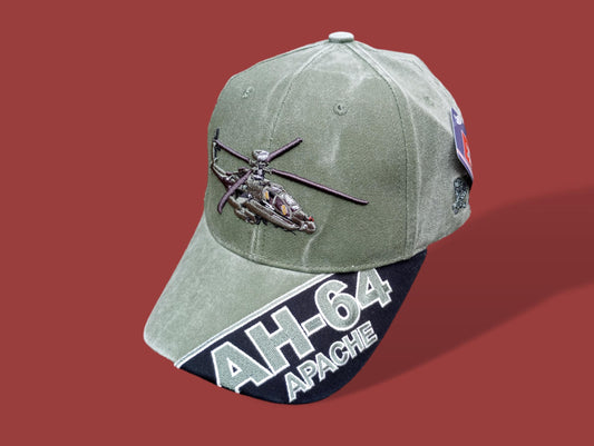 U.S ARMY AH-64 APACHE HAT EMBROIDERED MILITARY BALL CAP STONE WASHED OD GREEN