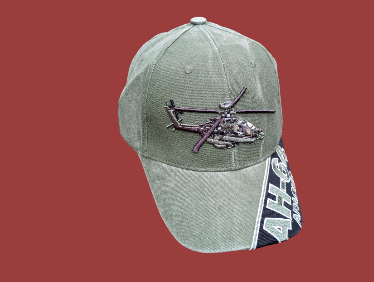 U.S ARMY AH-64 APACHE HAT EMBROIDERED MILITARY BALL CAP STONE WASHED OD GREEN