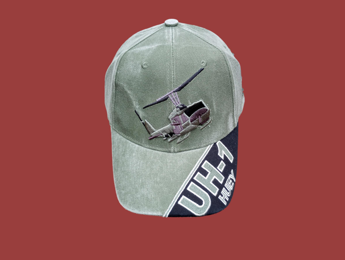 U.S ARMY UH-1 HUEY HAT EMBROIDERED MILITARY BALL CAP STONE WASHED OD GREEN