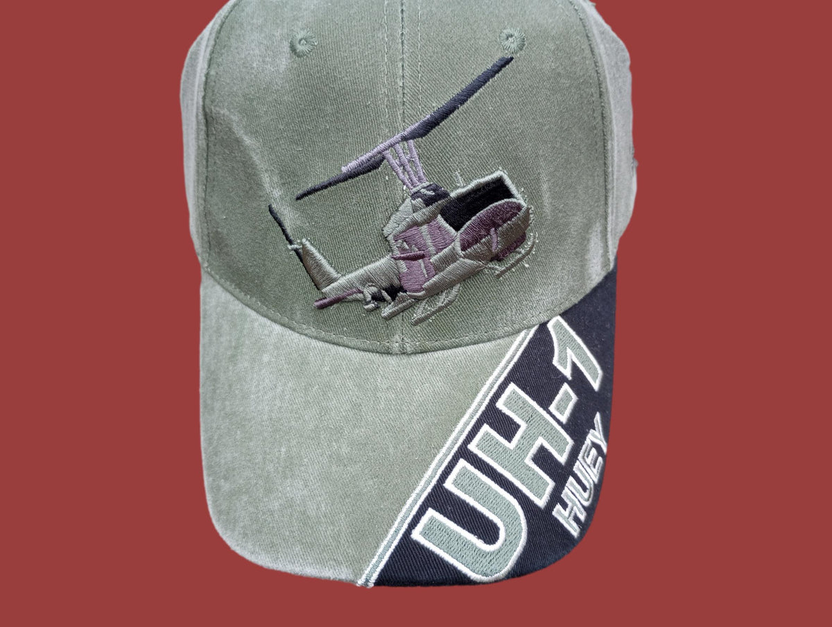 U.S ARMY UH-1 HUEY HAT EMBROIDERED MILITARY BALL CAP STONE WASHED OD GREEN